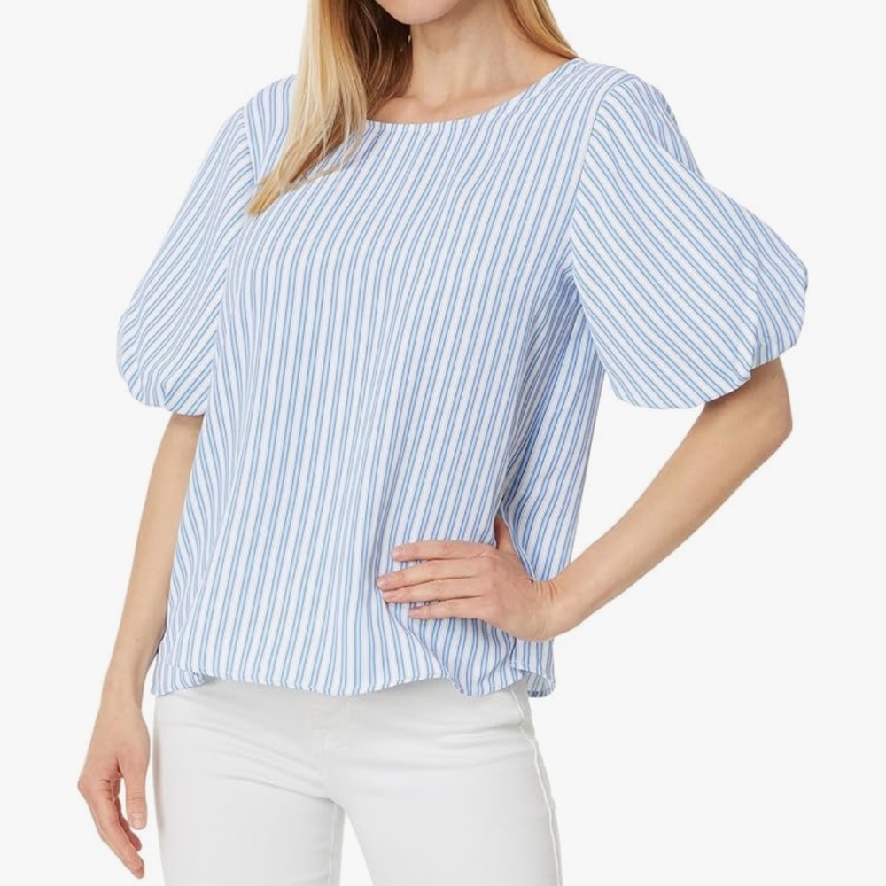 Vince Camito Stripe Print Puff Sleeve Blouse Airy Blue Size M